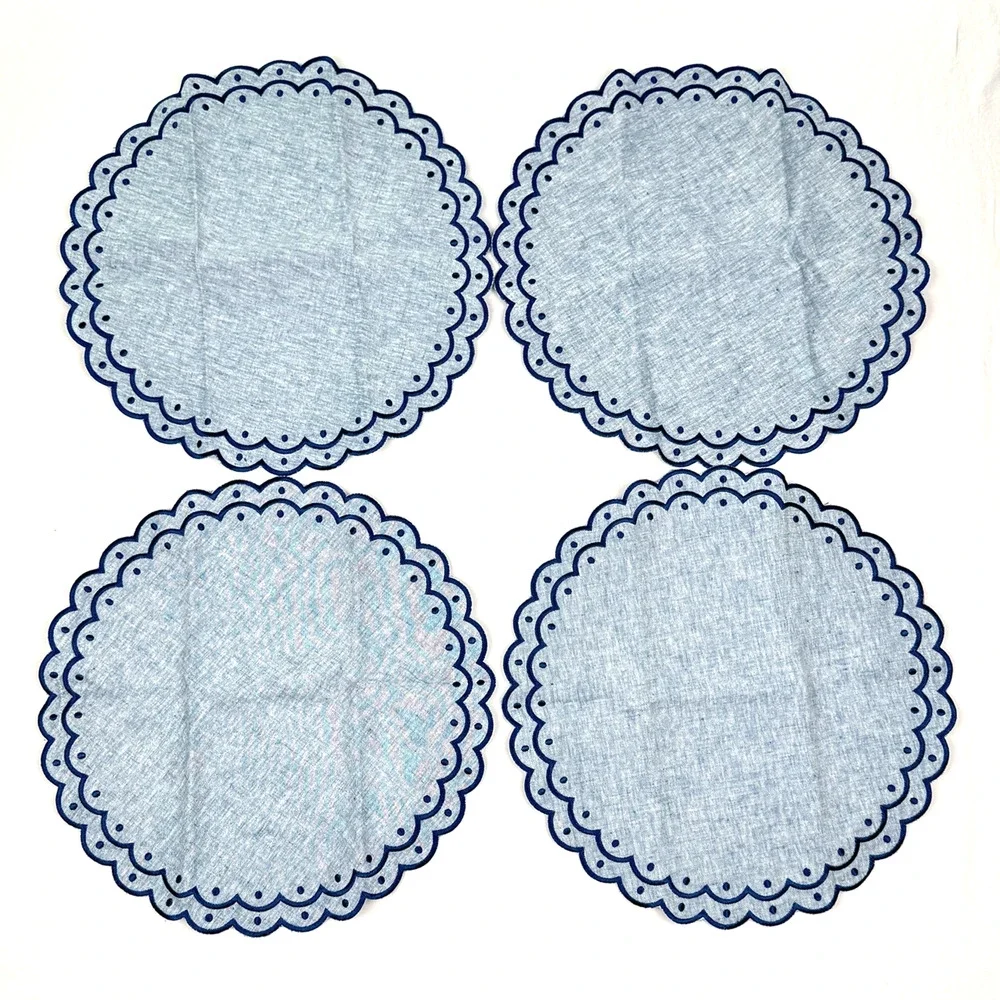 Table Two Studio Avalon Placemat Set Embroidered Chambray Linen Scalloped